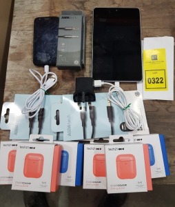 12 PIECE MIXED LOT CONTAINING 1 X ASUS TABLET 16 GB STORAGE WITH CASE AND CHARGER / 1 X MOTOROLA SMARTPHONE WITH CHARGE CABLE / 2 X 3.5 MM JACK CABLE / 2 X STEREO SPLITTERS / 6 X TECH 21 AIRPOD CASES IN BLUE AND RED