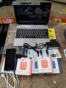 12 PIECE MIXED LOT CONTAINING 1 X ACER SWITCH 10 LAPTOP/ TABLET DETACHABLE 32 GB STORAGE WITH CHARGER / 1 X APPLE I PHONE 16 GB STORAGE WITH CHARGE CABLE / 2 X 3.5 MM JACK CABLE / 2 X STEREO SPLITTERS / 6 X TECH 21 AIRPOD CASES IN BLUE , RED AND YELLOW