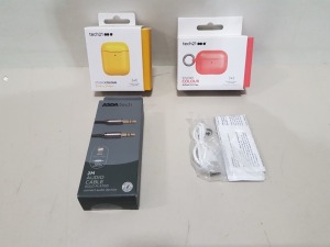 150 X BRAND NEW MIXED LOT CONTAINING ASSORTED MICRO USB CABLES / 3.5 MM JACK CABLES / APPLE AIRPOD CASES IN RED , YELLOW - IN 1 BOX