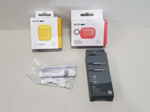 150 X BRAND NEW MIXED LOT CONTAINING ASSORTED MICRO USB CABLES / 3.5 MM JACK CABLES / APPLE AIRPOD CASES IN RED , YELLOW - IN 1 BOX
