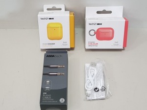 150 X BRAND NEW MIXED LOT CONTAINING ASSORTED MICRO USB CABLES / 3.5 MM JACK CABLES / APPLE AIRPOD CASES IN RED , YELLOW - IN 1 BOX