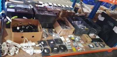 40 + PIECE MIXED LOT CONTAINING 4 X EXCEL 100-066 U/UTP LSOH CATEGORY 5E CABLE 305 METER BOXES / CABLE TIDY SLEEVES / 4 GANG EXTENTION BLOCKS / MANHATTAN USB C - C CABLES / SUPPORT 4K USB-C TO HDTV 5 IN 1 ADAPTER / BOX OF VARIOUS LAPTOP CHARGERS / LOGI KE