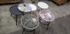 6 PIECE GARDEN COFFEE TABLES - 1 BLACK 3 LEGS / 2 WHITE 3 LEGS / 1 PINK 4 LEG GLASS TOP / 1 GREEN 4 LEG GLASS TOP