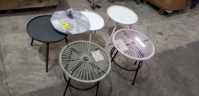 6 PIECE GARDEN COFFEE TABLES - 1 BLACK 3 LEGS / 2 WHITE 3 LEGS / 1 PINK 4 LEG GLASS TOP / 1 GREEN 4 LEG GLASS TOP