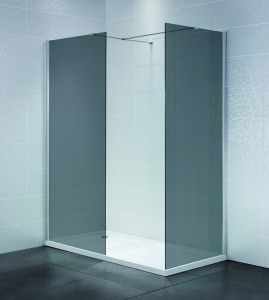 2 X BRAND NEW IDENTITI APRIL 900MM WIDE x 1950 HIGH x 8MM THICK SMOKED GLASS WETROOM PANELS (CLEAN & CLEAR EASY CLEAN GLASS TREATMENT APPLIED) WITH CHROME PROFILE, SUPPORT ARM, FITTINGS & INSTRUCTIONS (AP9404S-SMK) - NET WEIGHT 40KG - TOTAL 80KG - RRP £37