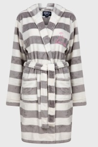 10 X BRAND NEW WOMENS DELUXE SOFT FLEECE DRESSING GOWN IN WHITE AND GREY STRIPPED IN SML, MED, LRG,