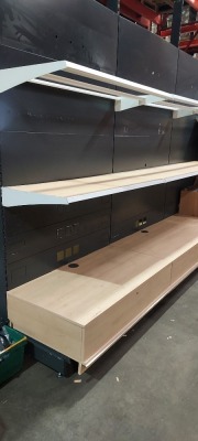 3 X 4 SECTION SHELVING UNITS - 5 TIER - WITH BACK PANNELS AND SUPPORT BEAMS - WHITE SHELVES IN VARIOUS SIZES - 60 X 133 - 40 X 133 - WITH WOODEN BOARDS - 3M HIGH (LOT IS 3 TIMES AS PER THE IMAGE)