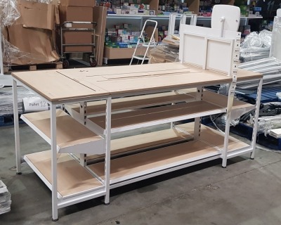 8 X BAY TABLE WITH 2 TIER UNDER SHELVING WOOD BOARDS (0.95m H x 2.22m L x 0.95m W) (LOT IS 8 TIMES AS PER THE IMAGE)