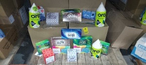 APPROX 200 X FACTORY SEALED TISSUE BOXES / TISSUE MULTIPLE PACKS IN VARIOUS SIZES & DESIGNS - MAINLY SUPERMARKET, CASH & CARRY & PHARMACY BRANDED (NOTE: THESE ARE FACTORY APPROVAL SAMPLES- BATCH NUMBER & DATE MARKED BUT IDEAL FOR END USER)