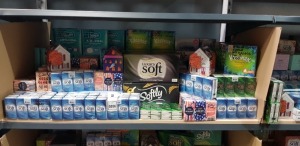 APPROX 200 X FACTORY SEALED TISSUE BOXES / TISSUE MULTIPLE PACKS IN VARIOUS SIZES & DESIGNS - MAINLY SUPERMARKET, CASH & CARRY & PHARMACY BRANDED (NOTE: THESE ARE FACTORY APPROVAL SAMPLES- BATCH NUMBER & DATE MARKED BUT IDEAL FOR END USER) IN 5 BOXES