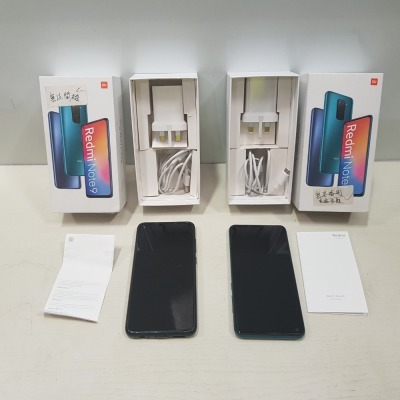 2 X REDMI NOTE 9 SMARTPHONES / 4GNB RAM 128 GB STORGE - WIPED - O/S INTACT - INCLUDES BOX AND CHARGERS - 1 IN FOREST GREEN AND 1 IN BLUE