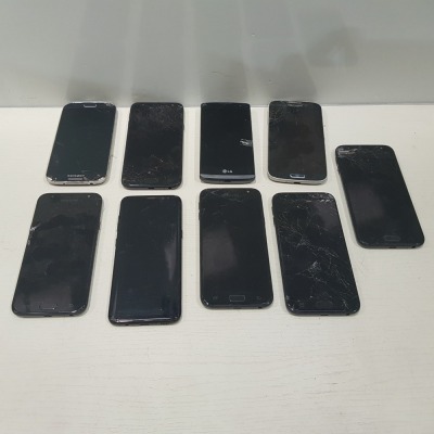 9 X VARIOUS SPARE AND REAPIR SMARTPHONES TO INCLUDE SAMSUNG GALAXY J3 / LG LEON / SAMSUNG GALAXY S8 EDGE - ALL SCREENS ARE CRACKED - NO CHARGERS - CONSIDER FOR SPARE PARTS