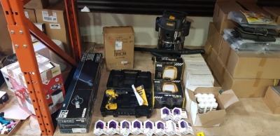 MIXED LOT CONTAINING DEWALT VACCUM CLEANER, WESCO CORDLESS GRASS TRIMMER, DEFENDER 110V LED FLOOR LIGHTS, DIAL ACRYLIC GRAB ADHESIVE, DEWALT DRILL WITH NO BATTERY NO CHARGER ETC
