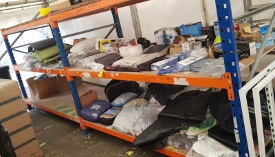 LARGE MIXED LOT TO INCLUDE EYELET CURTAINS, SHOWER HEADS, VARIOUS SOFA COVERS, GARDEN CHAIR COVERS SLOW COOKER ETC IN 3 BAYS (PLEASE NOTE ITEMS CUSTOMER RETURNS)