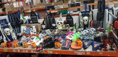 250 PIECE MIXED HALLOWEEN LOT CONTAINING SPOOKY SPIDERS , BURIED ALIVE SKELETON BONE , BAGS OF BONES , PUMPKIN PARTY KITS , SUPER NINJA SETS , THE WITCHES MAKE ME DO IT PLAQUES ETC ON A FULL BAY.