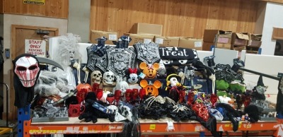 250 PIECE MIXED HALLOWEEN LOT CONTAINING SPOOKY ANIMATED SWINGING LADY , ANIMATED HANGING MUMMY , SPOOKY SPIDER , PET DRESS-UP SPIDER , SWORD AND SHIELD SET'S ETC ON A FULL BAY.