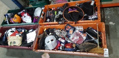 500 PIECE MIXED HALLOWEEN LOT CONTAINING DEVIL DRESS - UP SETS , PUMPKIN CARVING KITS , WITCH'S HATS, SPOOKY MASKS , PURPLE WITCH MAKE-UP KITS CREEPY JELLY MOULDS DISNEY LIGHT UP JARS ETC IN 4 FULL TRAYS (TRAYS NOT INCLUDED)