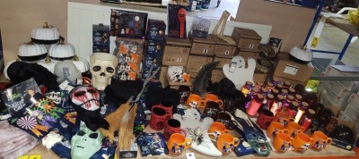 250 PIECE MIXED HALLOWEEN LOT CONTAINING MONSTROUS MAKE UP SET , SINISTER SKULL CANDY BOWL , LED PUMPKIN STRING LIGHTS , GLOWING GHOSTS , DISNEY LIGHT UP JARS , LED SHADOW LIGHTS ETC ON A FULL BAY.