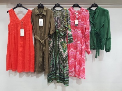 5 PIECE MIXED BRAND NEW CLOTHING LOT CONTAINING 2 X ZYGA DRESSES, 2 X CHARLOTTE SPARRE DRESSES AND 1 X LUISA CERANO SHIRT IN VARIOUS SIZES