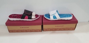 16 X BRAND NEW MIXED DUNLOP ADJUSTABLE STRAP MEMORY FOAM SLIPPERS SIZES UK 5 COLOUR WHITE/BLUE, UK 7 & 8 COLOUR BLACK/FUCHSIA,