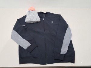 14 X MIXED CLOTHING LOT CONTAINING 6 X MENS SKECHERS APPAREL BOMBER SIZES S-M-L-XL BLACK, 8 X FRANZ & LILY GREY OVERSIZED POM POM BEANIE