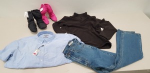 41 X BRAND NEW MIXED CLOTHING LOT CONTAINING 13 X HEAT FLEECE JUMPERS IN BLACK - 10 X M&S DENIM JEANS M&S SHORT SLEEVED SHIRTS , 18 X BABY FOOTSIES ETC