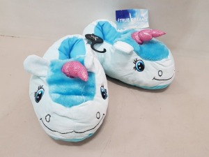 15 X BRAND NEW 3D BLUE UNICORN SLIPPERS - ANTI SLIP SOLES - EMBROIDERED EYES AND LIDS IN MIXED SIZES TO INCLUDE UK5-6 / UK 7-8 IN 2 BAGS