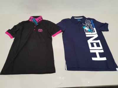 24 X BRAND NEW HENLEYS ORIGINAL - ICE MAKER & HYPERBOLIC POLO TOPS , 16 X NAVY SIZE XS, 8 X BLACK & PINK SIZE XS