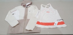 8 X BRAND NEW CLOTHING LOT CONTAINING 4 XJACK & JONES HOODED SILVER BIRCH JACKET SIZE S-M. 4 X FILA LOW NECK GYM VEST IN WHITE SAND SIZE XS-M-L-XL