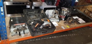 20 PIECE MIXED LOT CONTAINING EVOLUTION RAGE CIRCULAR SAW CUTS STEEL ALUMINIUM PLASTIC & WOOD , REKORD PLUS KEY CUTTING MACHINE , VENGA FOOD SLICER , BOSCH GAS COOKTOP ETC ON A FULL BAY , (NOTE CUSTOMER RETURNS)