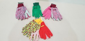 125 BRAND NEW GARENING GLOVES VARIOUS SIZE 6, 7, 8 , 9 , 10 , VARIOUS DESIGNS AOP FRUITS , AOP BERRYS , UNI GREEN , UNI RED , UNI PINK , UNI GREEN. IN 5 BOXES ON A SHELF