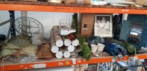 35 PIECE MIX LOT CONTAINING SITTING BUDDHA STATUE , DECORATIVE DEEP ORANGE MAGNOLIA STEMS , LARGE AND SMALL TOPIARY PYRAMID , QUEBEC FOLDING OUTDOOR CHAIRS IN BLACK , GREEN , BLUE , WINDOW STYLE MIRROR ETC ON A FULL BAY