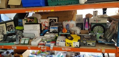 100 PIECE MIX LOT CONTAINING XXL LED LANTERN STRING LIGHTS , SOLAR RAINBOW LIGHTS , SAFETY JOGGER BLACK SIZE 9 , OFFICE PHONE'S , TOUCHLESS SPRAY DISFECTANT DISPENSER , WALL CLOCK , P3R HALF MASK RESPIRATOR ETC ON A FULL BAY