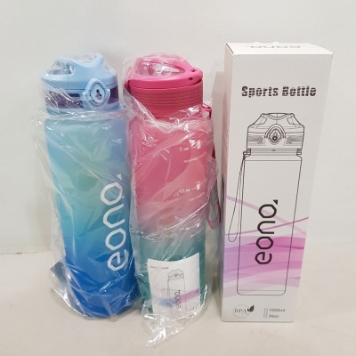 36 X EONA PLASTIC 1000ML SPORTS BOTTLE SILICONE RING / CLAMP CLOSURE - IN BLUE AND PINK./GREEN