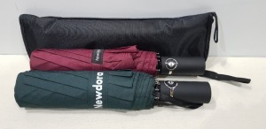 20 X BRAND NEW NEWDORA TRAVEL FOLDING UMBRELLA AUTO OPEN - INCLUDES MICROFIBRE CLOTH - IN VARIOUS COLOURS - WINE RED / DARK GREEN