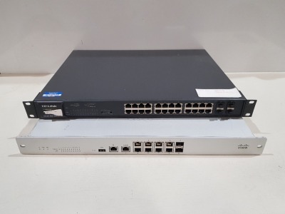 2 PIECE MIXED LOT CONTAINING 1 X CISCO MERAKI (MX100) CLOUD MANAGED ROUTER/ SECURITY APPLIANCE AND 1 X UBIQUITI (TL-SG2424P) 48 PORT PoE PRO SWITCH BOARD ( NO POWER LEADS )