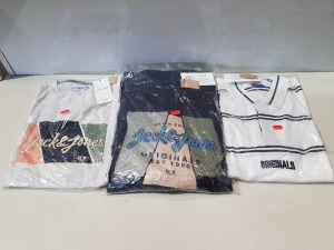 25 X MIXED BRAND NEW CLOTHING LOT CONTAINING - 10X JACK AND JONES CREW NECK T-SHIRTS - 6X JACK AND JONES HOODIES - 9X JACK AND JONES POLO SHIRTS IN VARIOUS SIZES