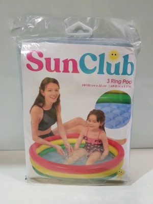 24 X BRAND NEW BOXED PMS COLOURFUL SUN CLUB 3 RING RAINBOW INFLATABLE PADDLING POOL ( SIZE 100 X 22 CM - 95 LITRES CAPACITY ) - IN 2 BOXES