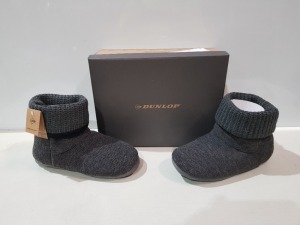 8 X BRAND NEW DUNLOP KNITTED PULL ON MEMORY FOAM INDOOR SLIPPERS IN GREY IN SIZE UK 7 & 8 (RRP £29.99) IN 1 BOX