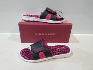 16 X BRAND NEW DUNLOP ADJUSTABLE STRAP MEMORY FOAM SLIDERS IN BLACK/FUCHSIA IN SIZE UK 3 & 7 (RRP £24.99) IN 1 BOX