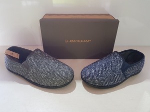 17 X BRAND NEW DUNLOP JOEL SLIPPERS WITH MEMORY FOAM SOLES FOR MEN IN GREY AND NAVY IN SIZE UK 7, 8, 9, 10 & 11 (RRP £29.99) IN 2 BOXES