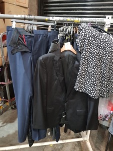 36 PIECE MIXED BRAND NEW CLOTHING LOT CONTAINING BEN SHERMAN TROUSERS,3X HUGO BOSS SUIT BLAZERS, HUGO BOSS TROUSERS, DOROTHY PERKINS TROUSERS AND BLOUSES, ETC IN VARIOUS STYLES, COLOURS AND SIZES