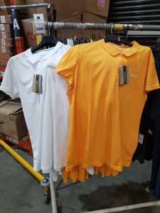 31 PIECE BRAND NEW CLOTHING LOT CONTAINING REGATTA POLO SHIRTS IN ORANGE AND WHITE IN SIZES UK 20, 22 AND 24