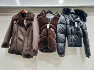 5 PIECE MIXED BRAND NEW COAT LOT CONTAINING 3 X RIVER ISLAND COMFORT LAYER PUFFER COATS IN BROWN AND BLUE AND 2 X M&S LEATHER STYLE CHOCOLATE FAUX FUR LINED COATS IN SIZE 6, 8, 10 AND 12