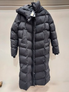 2 X BRAND NEW M&S LONG BLACK PUFFER HOODED COATS IN SIZE 10 AND 14