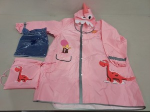 60 X BRAND NEW LIVACASA KIDS RAINCOATS IN PINK IN VARIOUS SIZES IN 4 TRAYS (NOT INCLUDED)