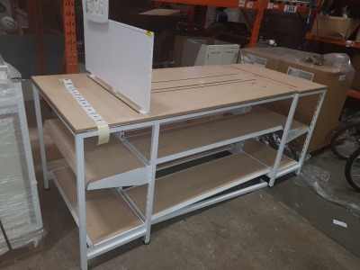 1 X BAY TABLE WITH 2 TIER UNDER SHELVING WOOD BOARDS (0.95m H x 2.22m L x 0.95m W) LOT SELLING UNIT IS ALL THAT YOU SEE IN THE IMAGE