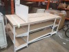 1 X BAY TABLE WITH 2 TIER UNDER SHELVING WOOD BOARDS (0.95m H x 2.22m L x 0.95m W) LOT SELLING UNIT IS ALL THAT YOU SEE IN THE IMAGE