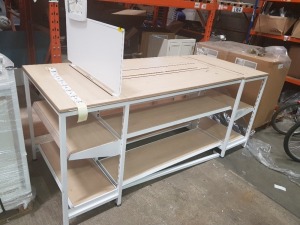 1 X BAY TABLE WITH 2 TIER UNDER SHELVING WOOD BOARDS (0.95m H x 2.22m L x 0.95m W) LOT SELLING UNIT IS ALL THAT YOU SEE IN THE IMAGE