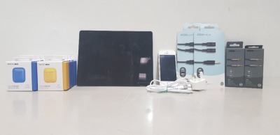 14 PIECE MIXED LOT CONTAINING 1 X APPLE IPAD 4TH GEN 32GB STORAGE, 2X STEREO SPLITTER, 2X 3.5MM JACK CABLE, 8X BRAND NEW APPLE AIRPOD CASES